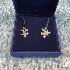 Swarovski Set of Two Silver Puzzle Piece Pendant Necklaces on Black Tie Band